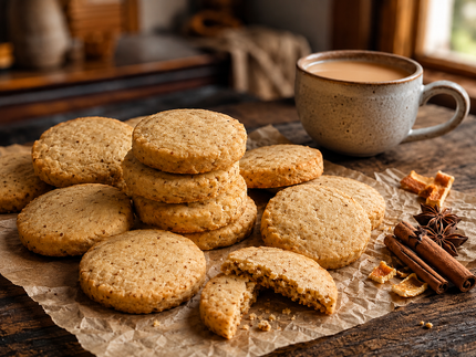 Homemade Alpine Chai biscuits with a cup of chai