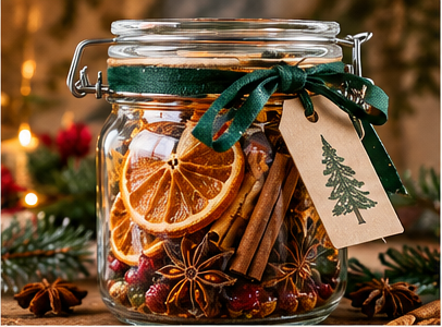 Christmas simmer pot jar with dried orange, cinnamon and star anise