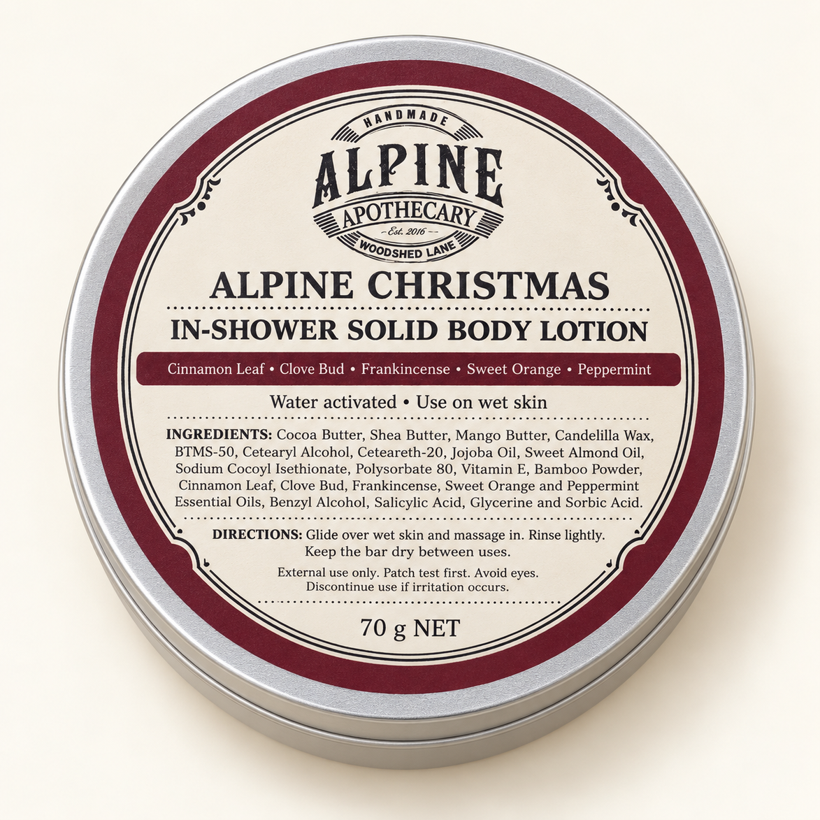 Alpine Christmas water activated solid body lotion, 70 g tin
