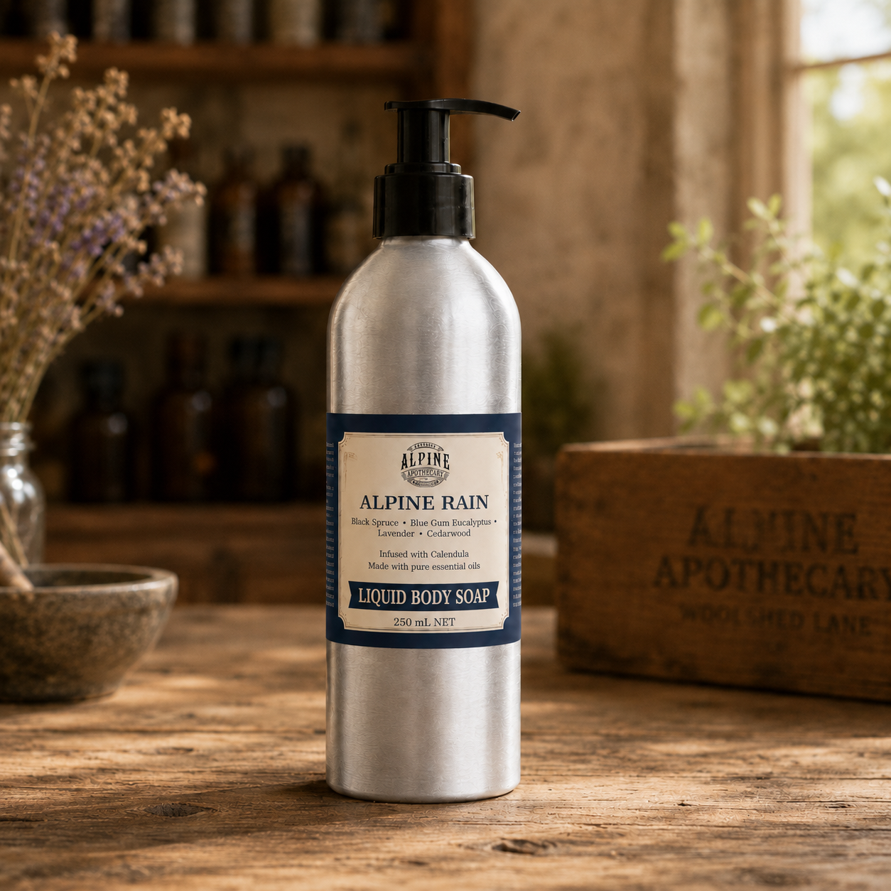 Alpine Rain liquid body soap in aluminium pump bottle