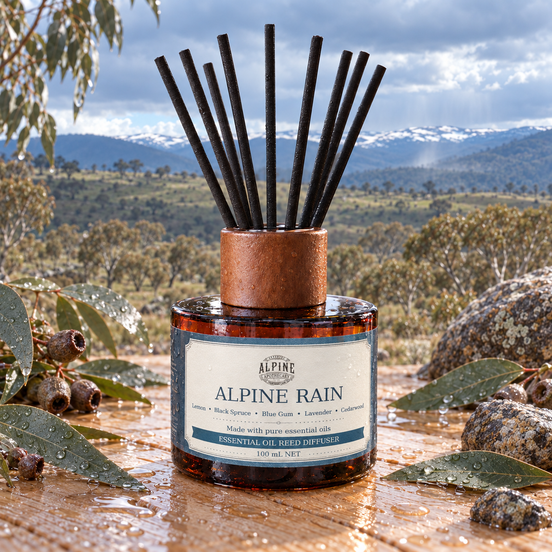 Alpine Rain essential oil reed diffuser with timber top and black reeds after rain in the Snowy Mountains