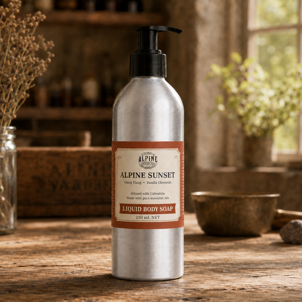Alpine Sunset liquid body soap in aluminium pump bottle