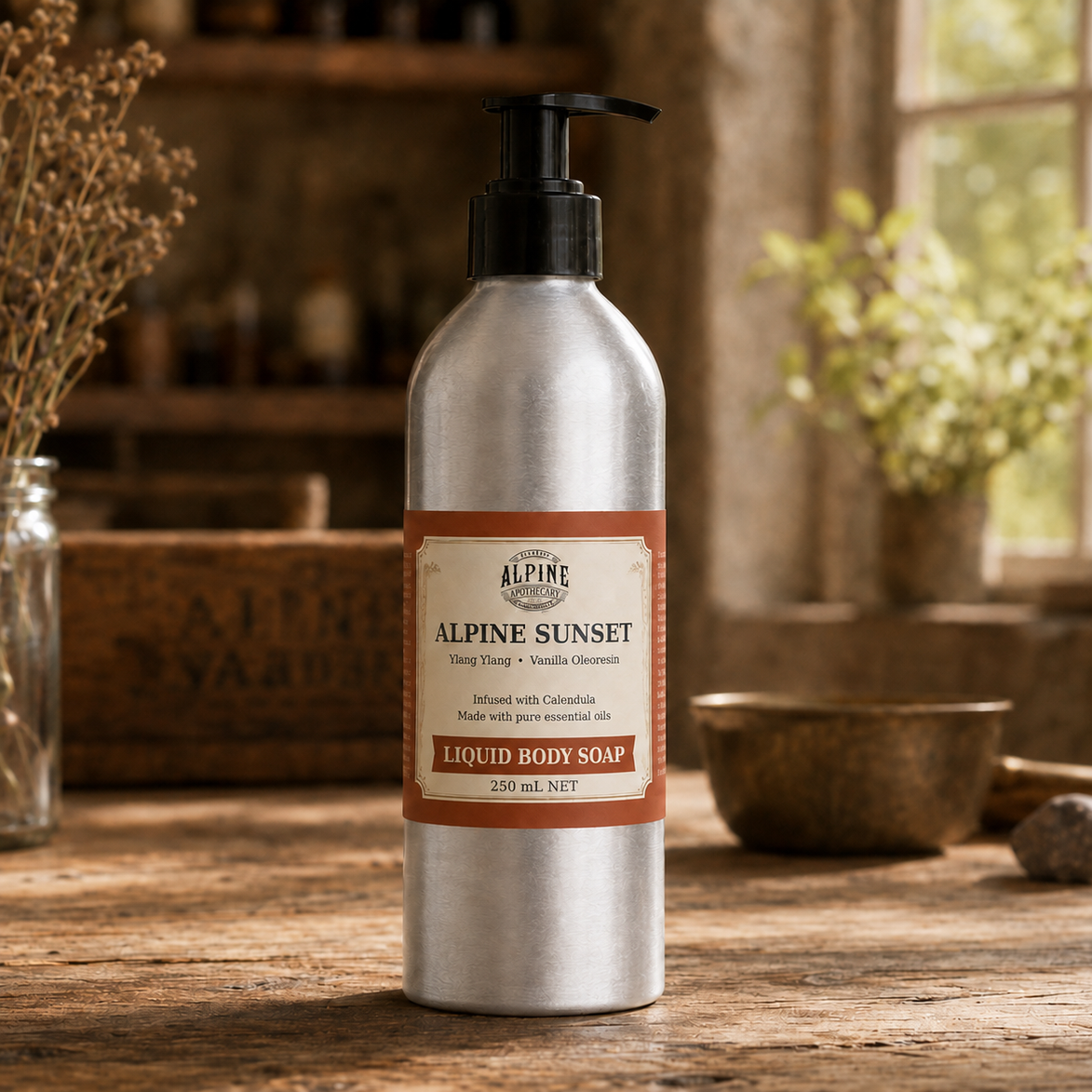 Alpine Sunset liquid body soap in aluminium pump bottle