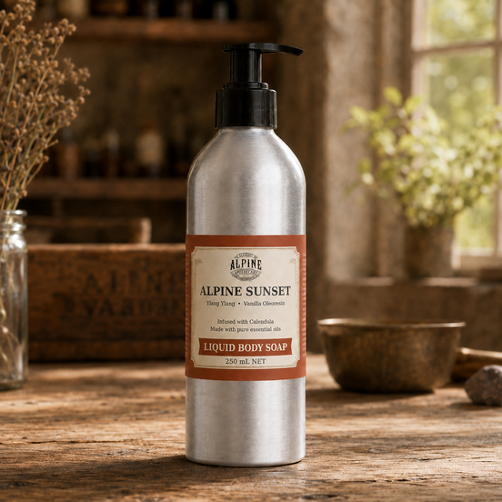 Alpine Sunset liquid body soap in aluminium pump bottle
