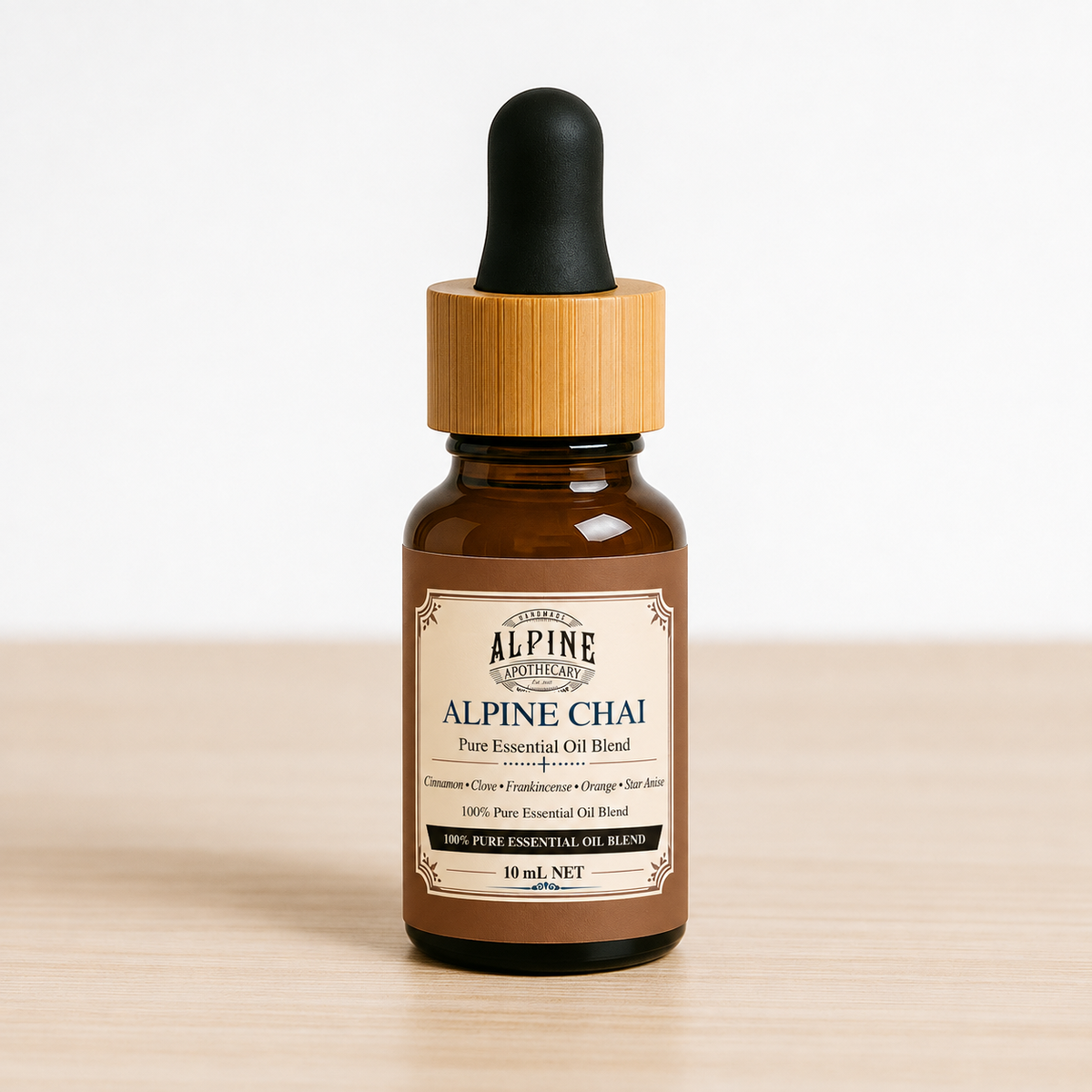 Alpine Chai 10 mL essential oil blend in amber bottle, Alpine Apothecary