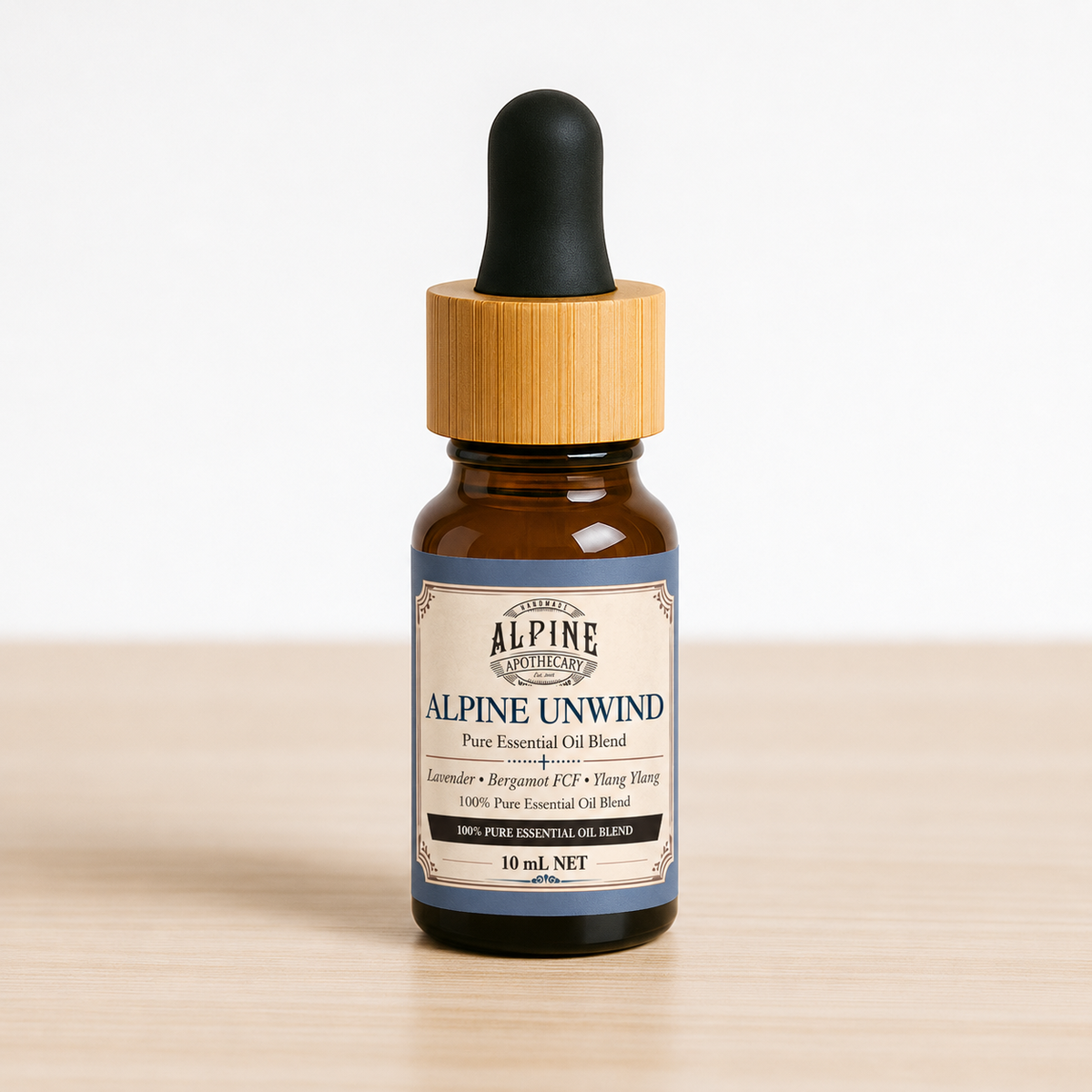 Alpine Unwind 10 mL essential oil blend in amber bottle, Alpine Apothecary