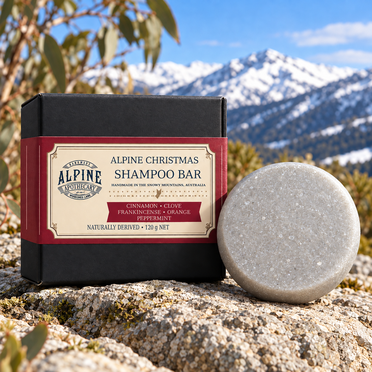 Alpine Christmas shampoo bar and box, two included in bundle