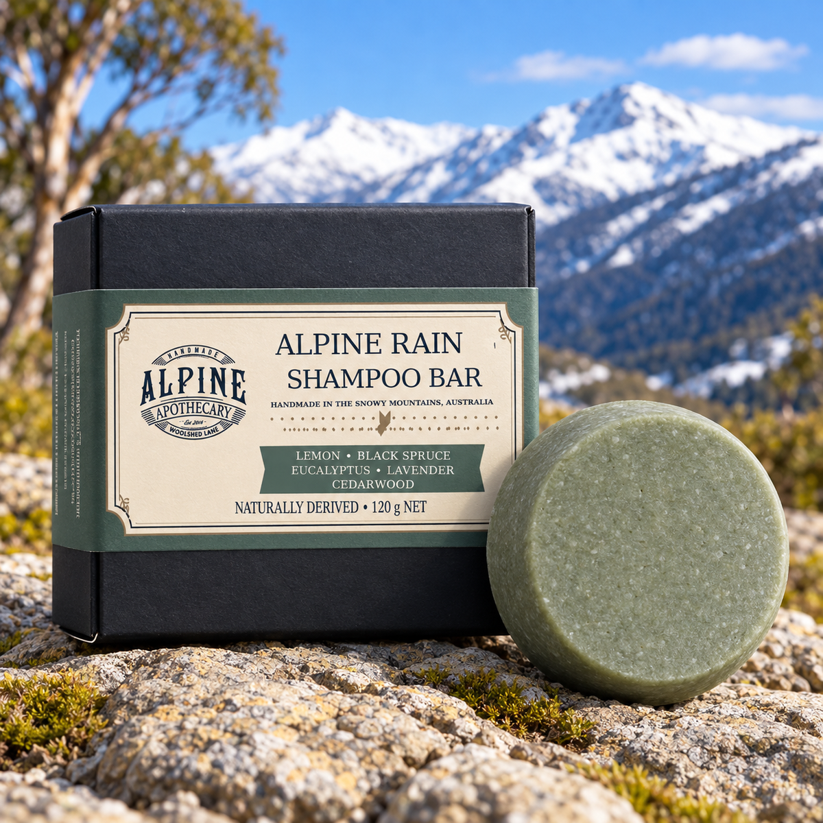 Alpine Rain shampoo bar and labelled box