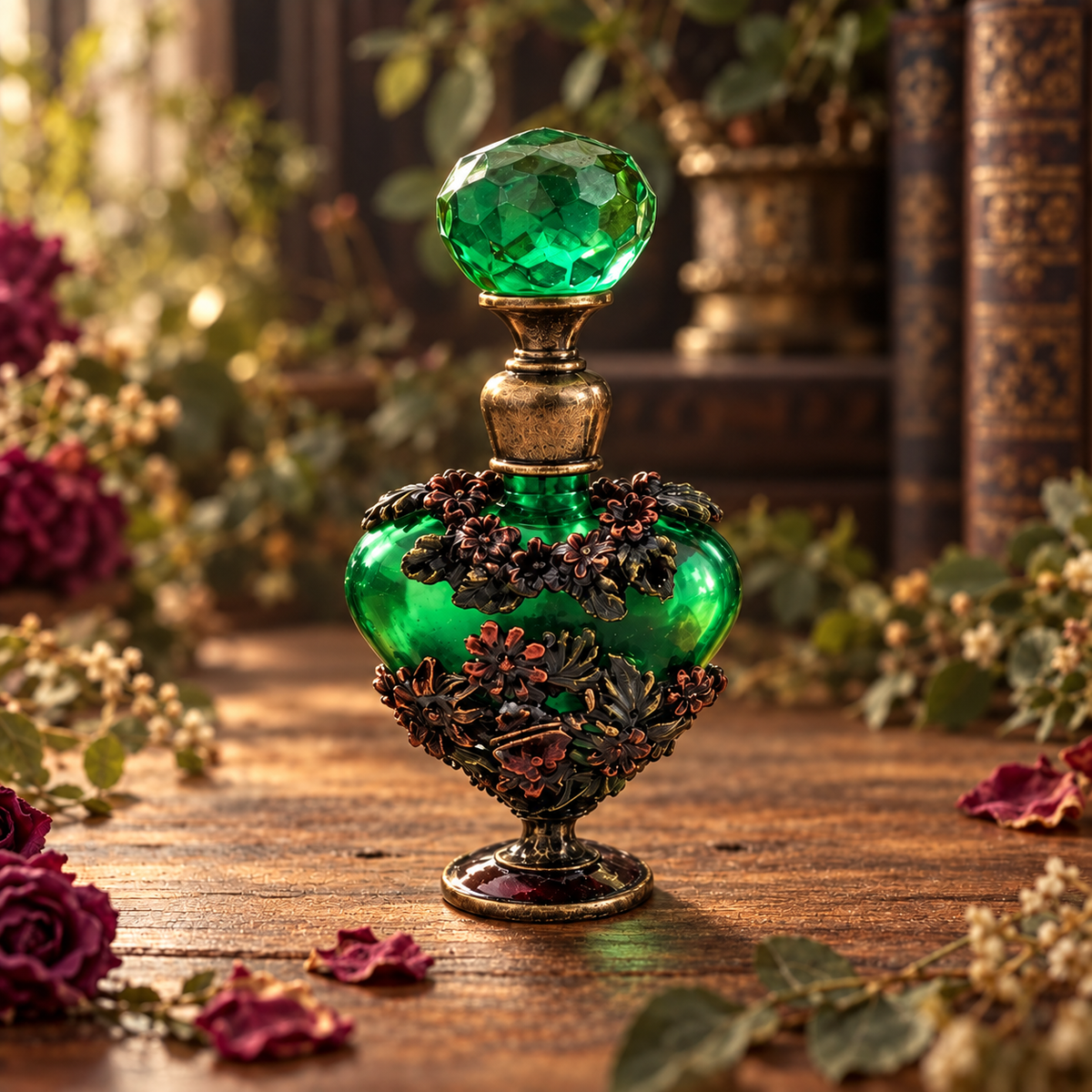Forest Enchantment natural perfume oil in an ornate green bottle