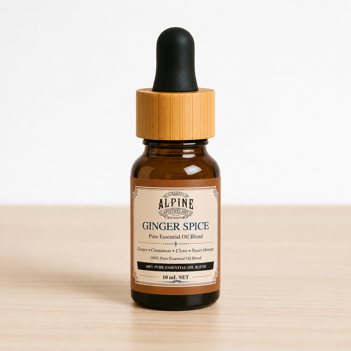 Ginger Spice 10 mL essential oil blend in amber bottle, Alpine Apothecary
