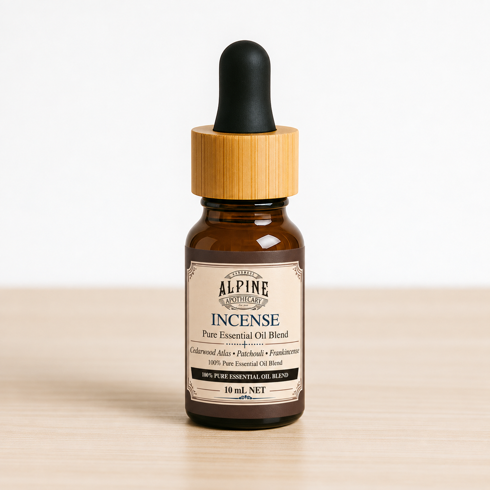 Incense 10 mL essential oil blend in amber bottle, Alpine Apothecary