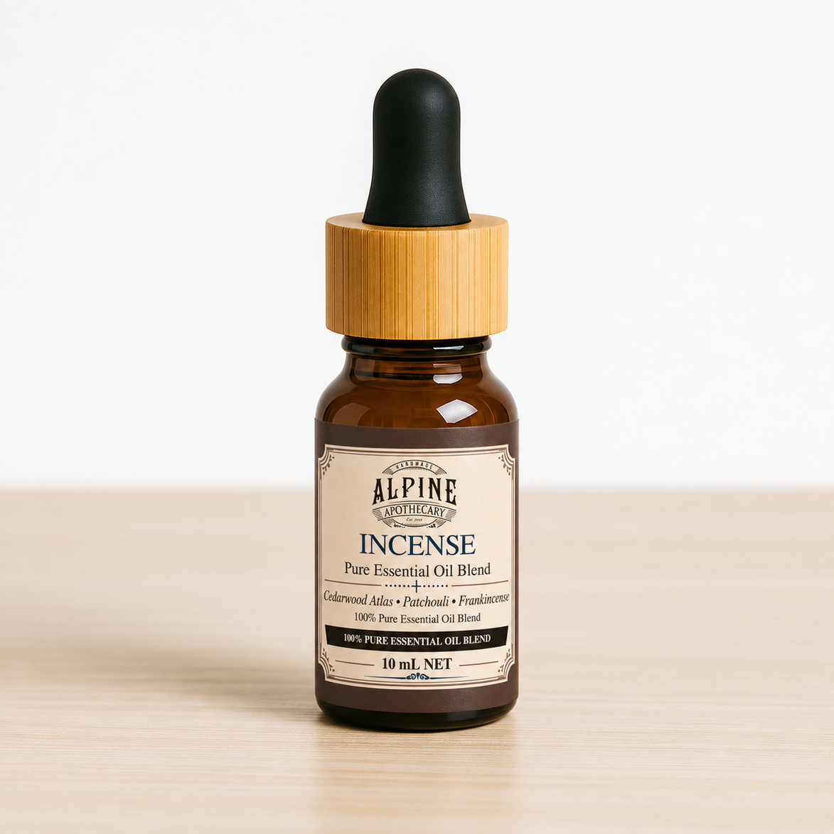 Incense 10 mL essential oil blend in amber bottle, Alpine Apothecary