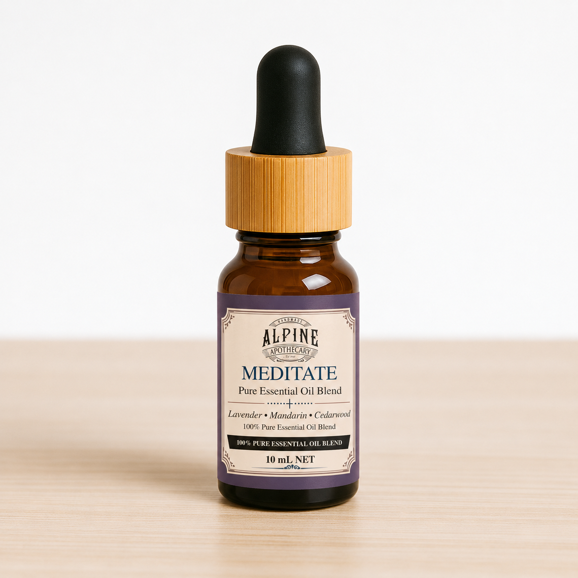 Meditate 10 mL essential oil blend in amber bottle, Alpine Apothecary