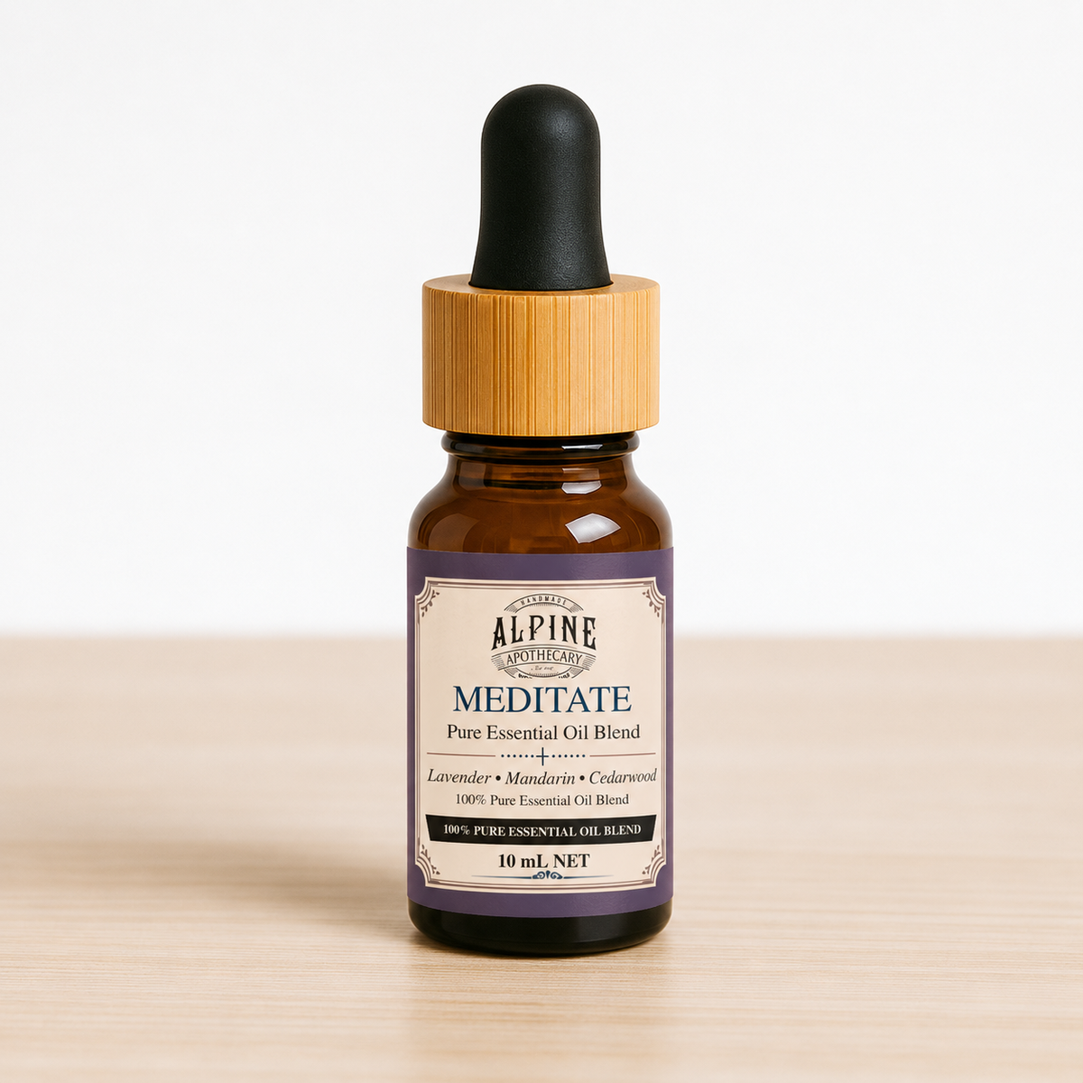 Meditate 10 mL essential oil blend in amber bottle, Alpine Apothecary