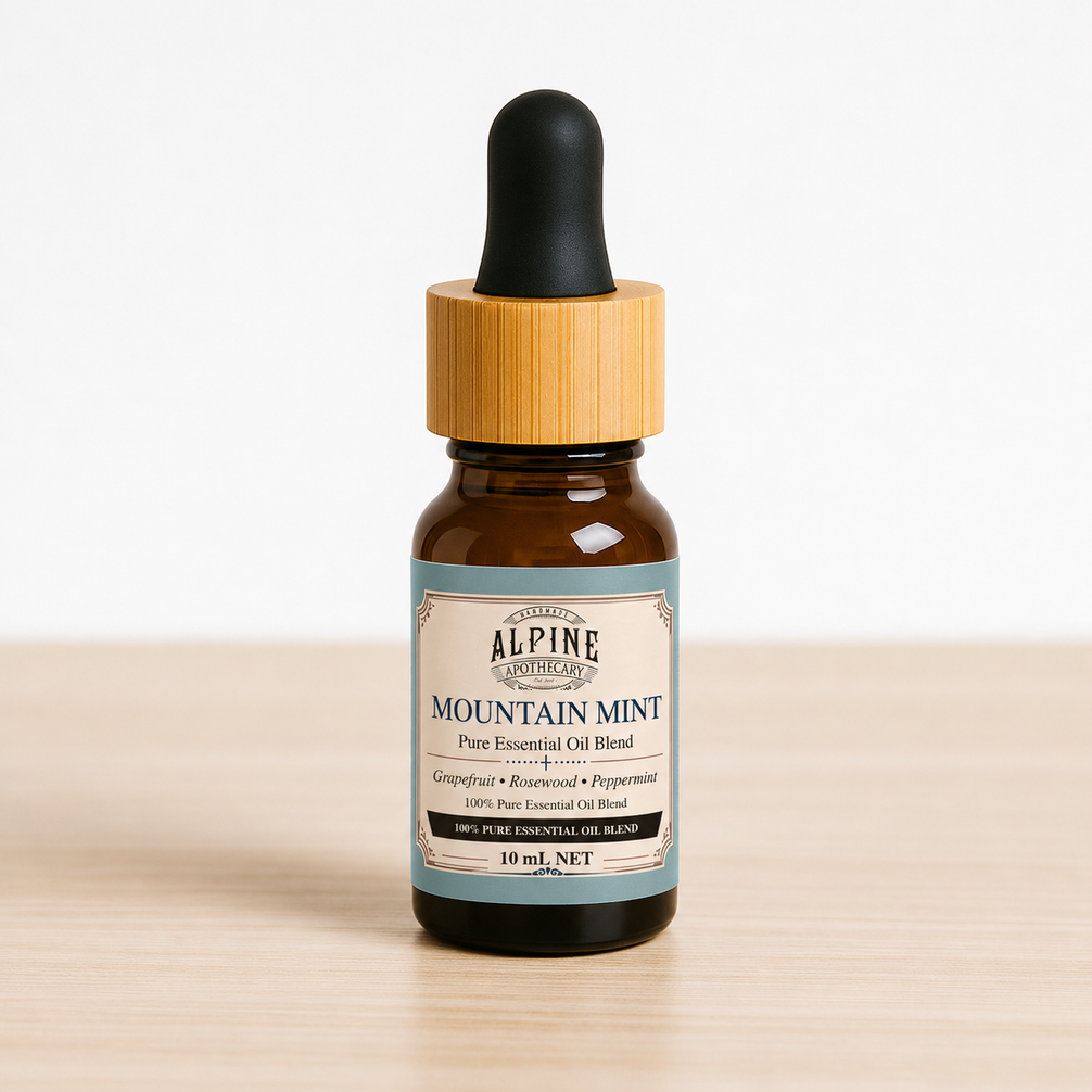 Mountain Mint 10 mL essential oil blend in amber bottle, Alpine Apothecary