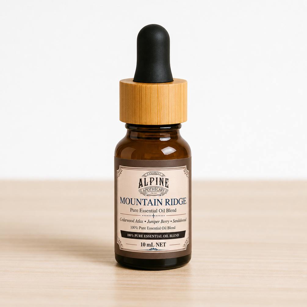 Mountain Ridge 10 mL essential oil blend in amber bottle, Alpine Apothecary