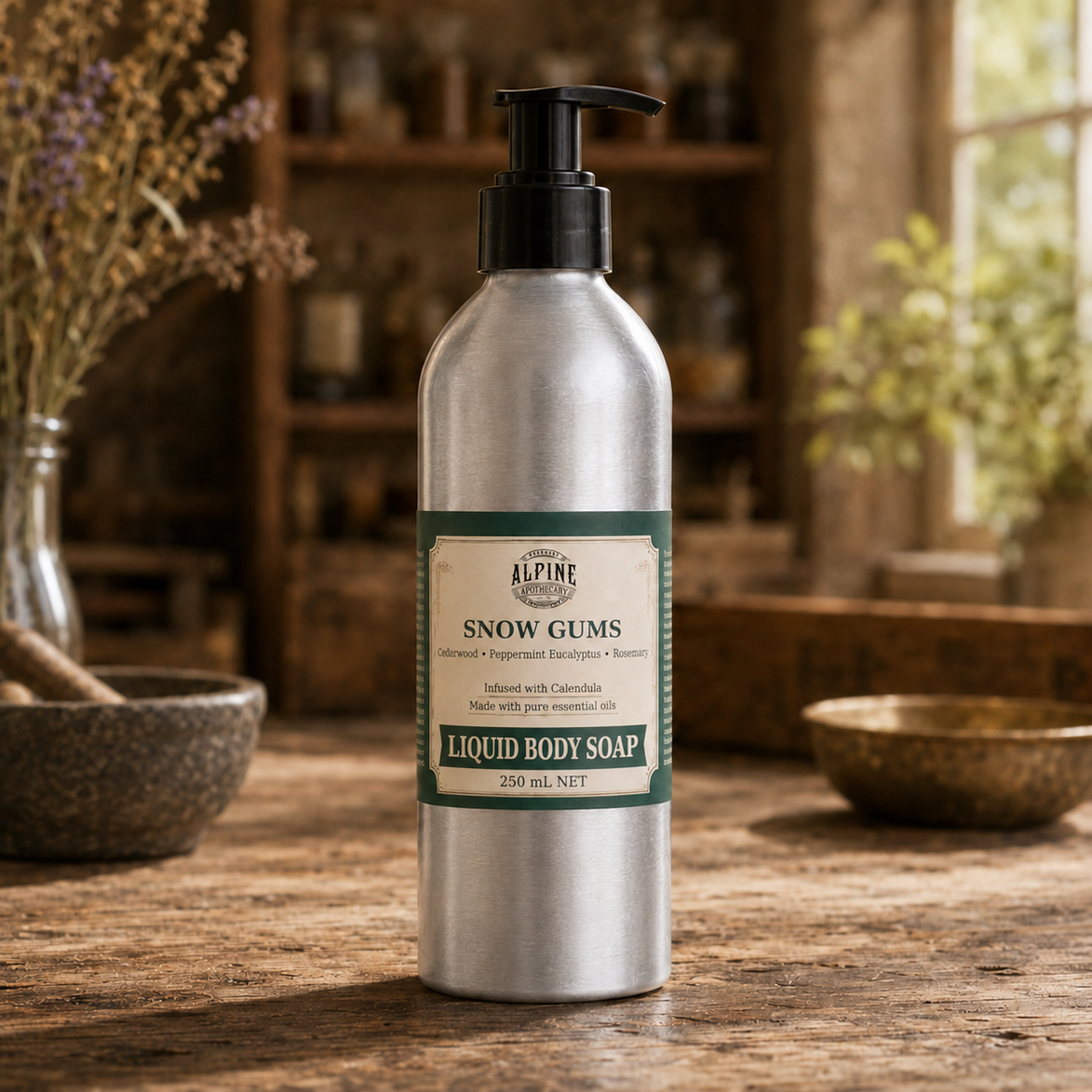 Snow Gums liquid body soap in aluminium pump bottle