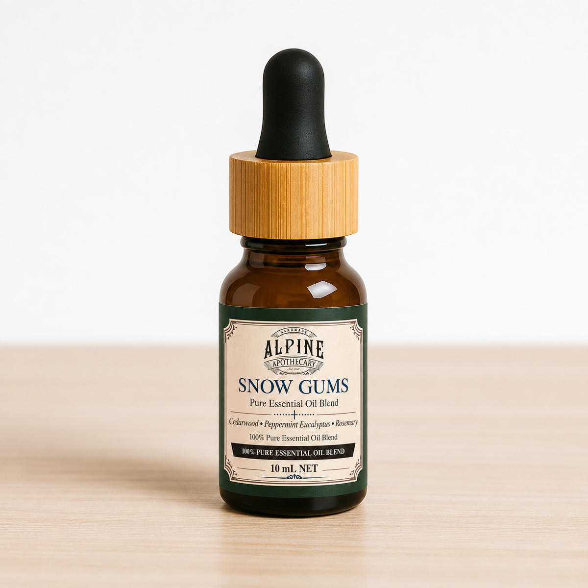 Snow Gums 10 mL essential oil blend in amber bottle, Alpine Apothecary