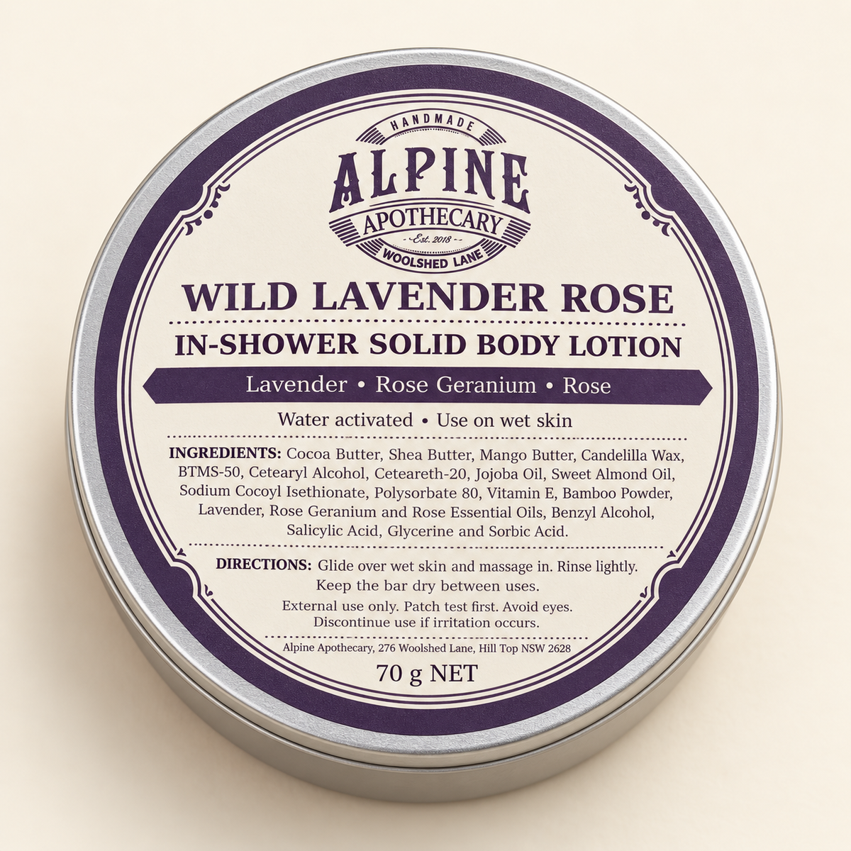 Wild Lavender Rose water activated solid body lotion, 70 g tin