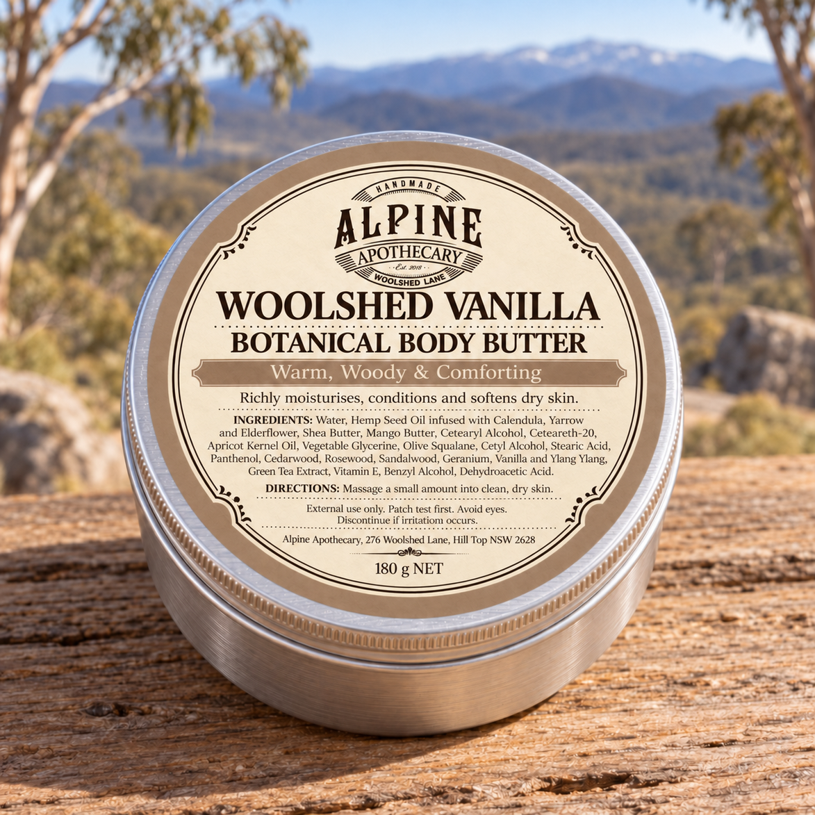 Woolshed Vanilla Botanical Body Butter in a 180 g aluminium tin